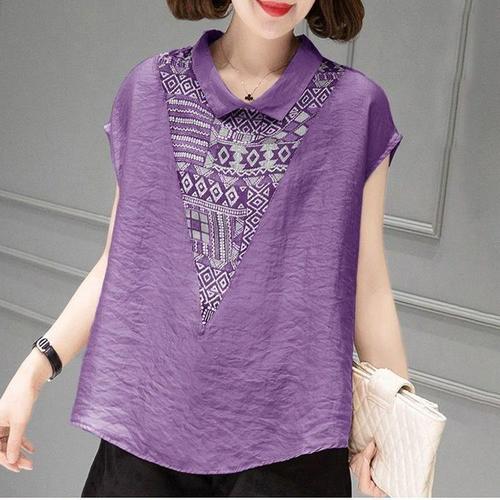 Baby Collar Short Sleeve Cotton Linen Shirt Summer Loose Fitting Slimming Splicing Plus Size Women's Blouse Print Stomach Covering Top Thin
