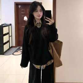 拼接格子polo领假两件卫衣女秋冬设计感小众宽松学院风美式上衣潮