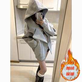 女童外套2025新款高街设计感不规则双拉链卫衣女大童连帽开衫加绒