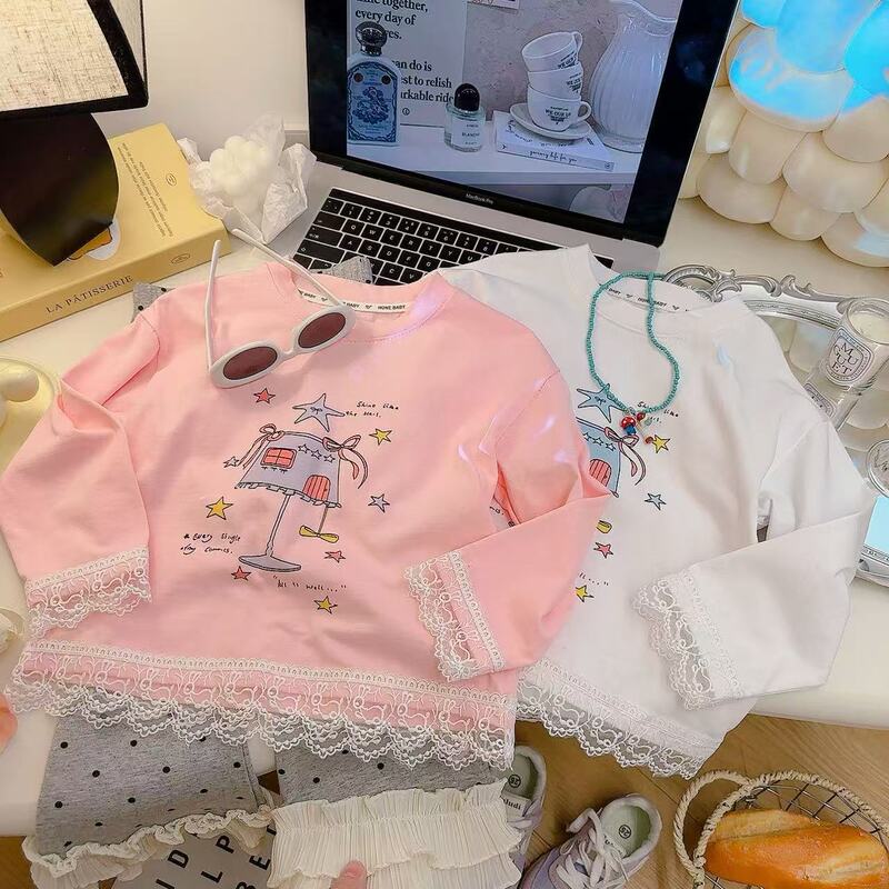 Girl's Western Style Top Lace Hem 2025 Girl Baby's New Spring T-Shirt Children's Cotton Base