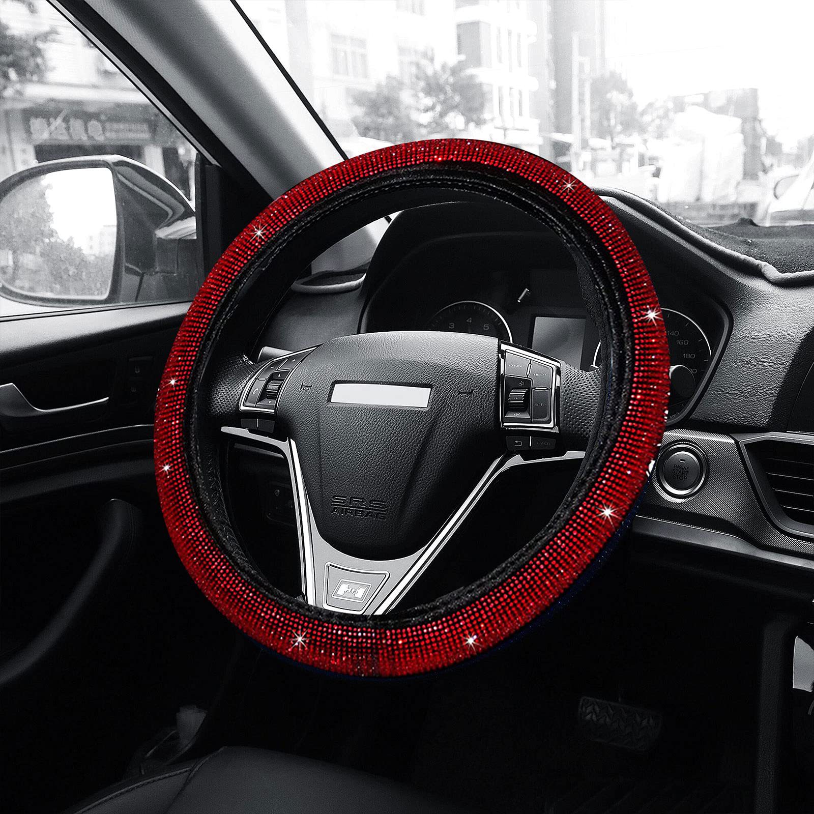 8-Piece Car Diamond-Encrusted Decorative Set: Steering Wheel Cover, Ignition Ring, Seat Belt Shoulder Pads, Cup Mat, Gear Shift Cover