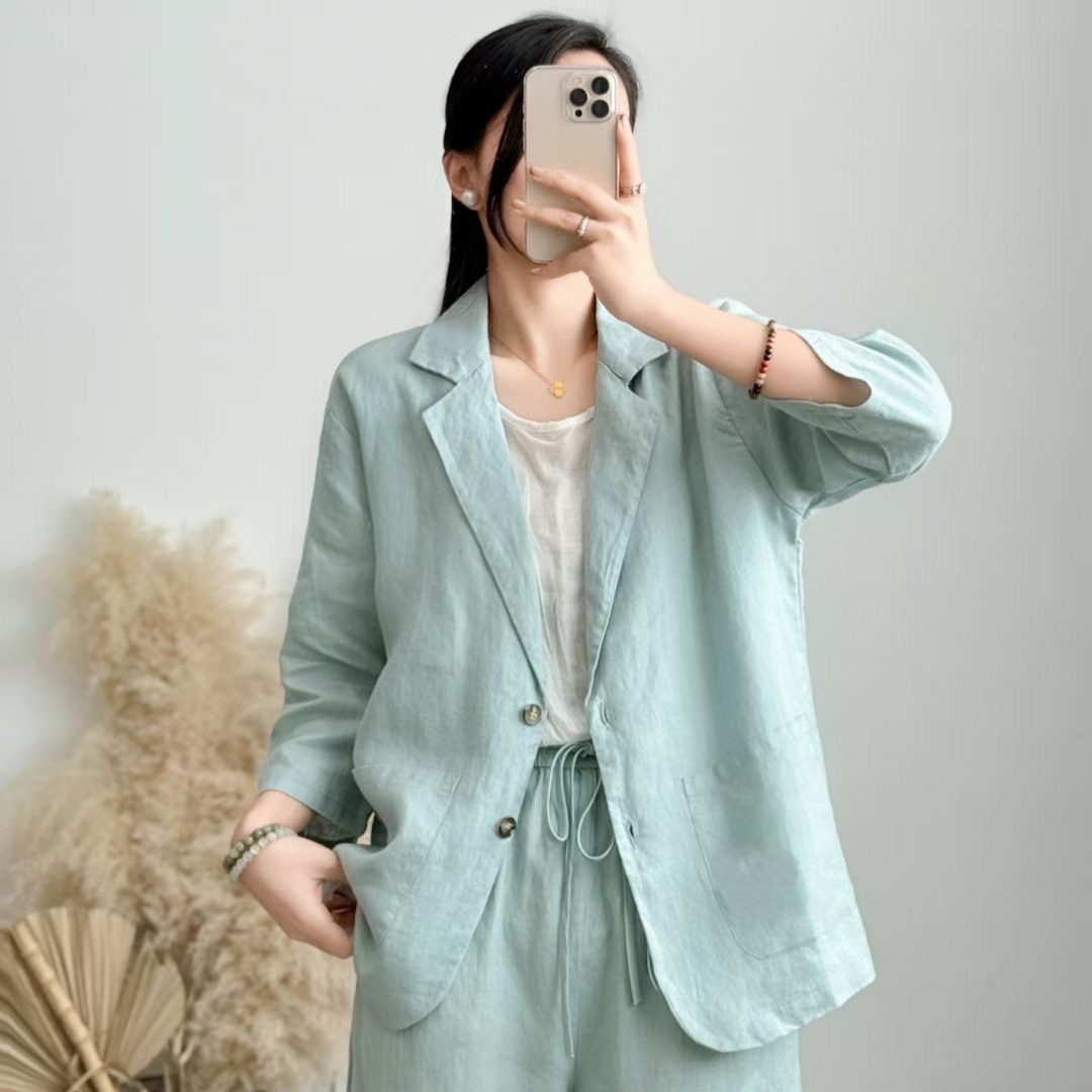 2026 Spring New Women's Linen Jacket, Artistic Fashion, Solid Color, Versatile, Loose Fit, Large Pockets, Blazer Style Top
