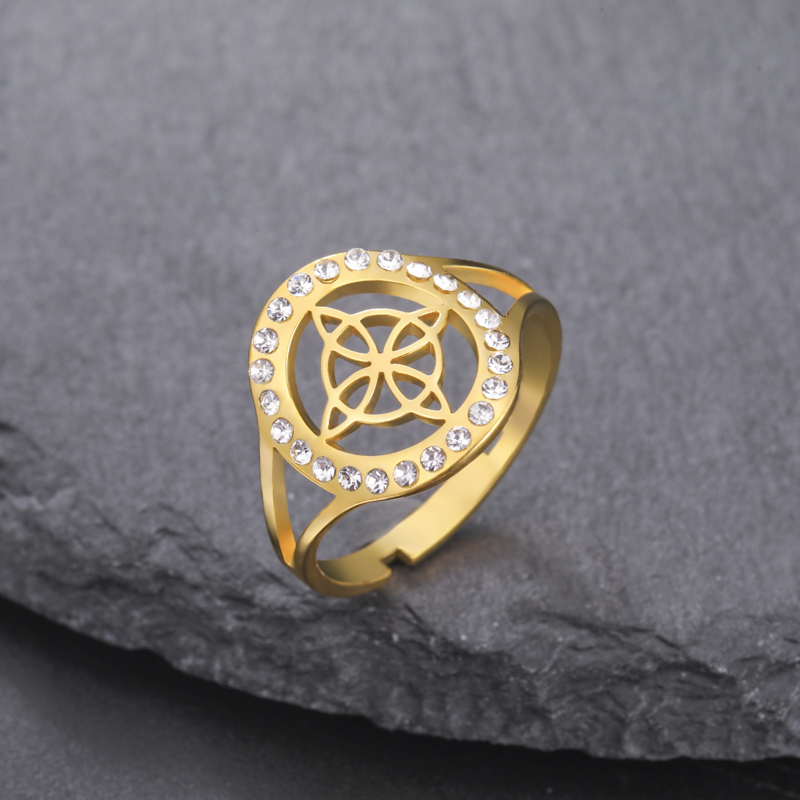 7g Weight Zircon Inlay Material Open Rings Classification Adjustable Ring Size 1 Pair Quantity Daily Occasion 304 Stainless Steel Material Witches Knot Pattern Unisex Gender Plating, Hollow Out, Inlay Design Simple Style Style Wholesale Jewelry Simple Style Witches Knot 304 Stainless Steel Zircon Plating Hollow Out Inlay Open Rings 3