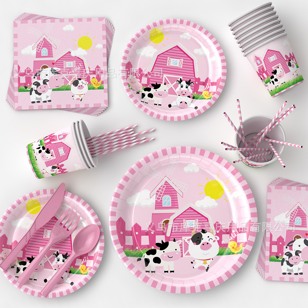 Transfronterizo nuevo tema animal de granja Rosa decoración del Partido cumpleaños de los niños plato de papel desechable cubierta de la taza de papel