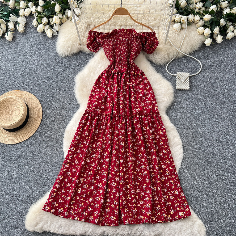 Women's French Sweet Style Square Neck Floral Dress Summer Korean Pleated Waist Tie A-Line Elegant Long Red Dress_ecoleips.com