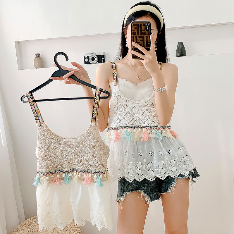 Summer ethnic style loose top bohemian sling sweater Thailand travel tassel lace stitching vest