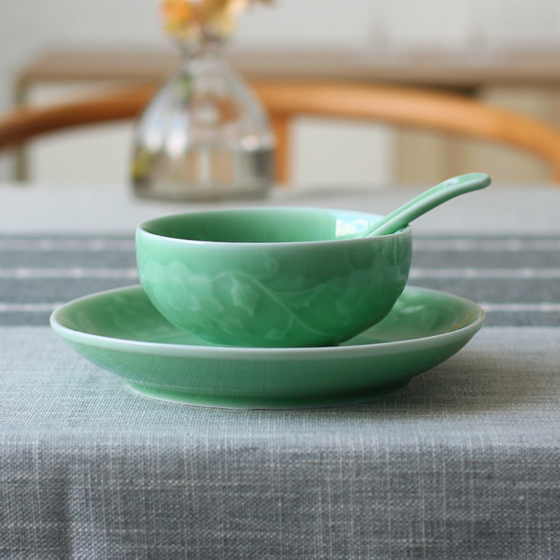 Longquan Celadon Dishes Dishes Four-piece Tableware Household Hotel Set Table Creative Japanese Style Spoon Cup Microwave Oven