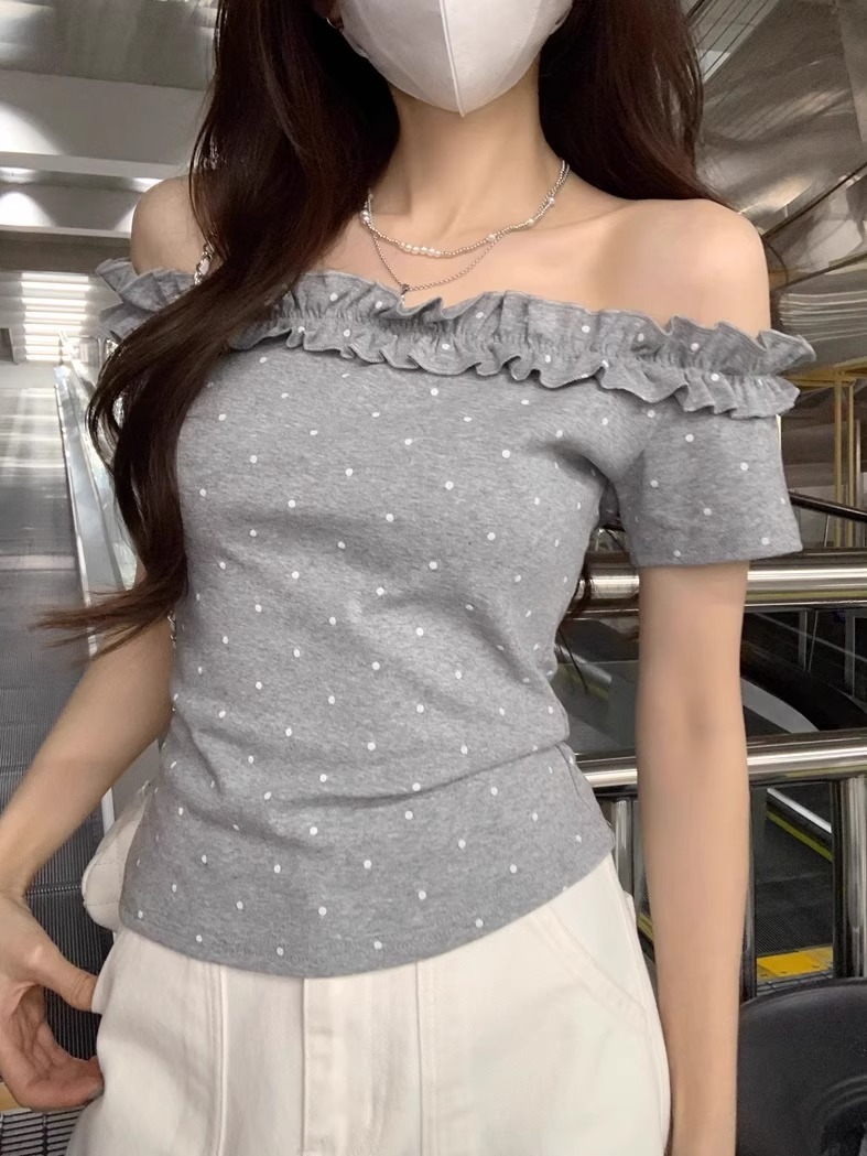 Sexy and Alluring Off-Shoulder Ruffled Edge Polka Dot Short-Sleeve T-Shirt for Women, Summer Fashion Base Top for Hot Girls 5