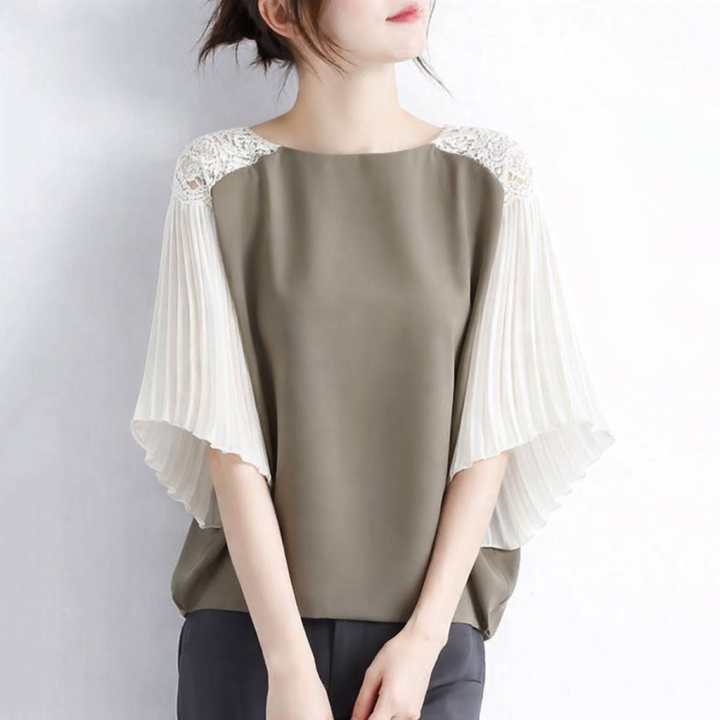 In-stock Japanese-style 2026 summer round-neck color-blocked lace chiffon pleated three-quarter sleeve top In-stock Japanese-style 2026 summer round-neck color-blocked lace chiffon pleated three-quarter sleeve top