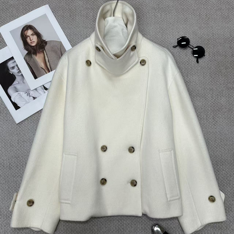 Shenzhen Nanyou 2026 Autumn and Winter New Style Double-Sided Hand-Stitched Cashmere Fashionable High-Neck Double-Breasted Wool Coat for Women