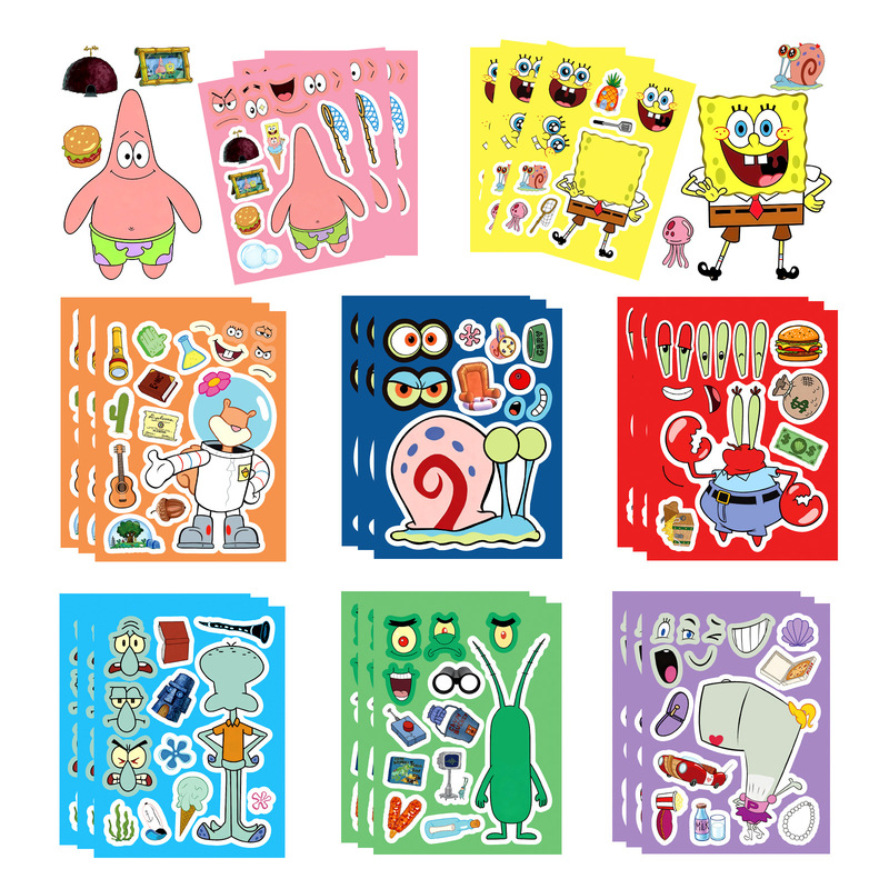 8 Pieces of Childlike Cartoon Animation Spongebob Graffiti Face-Changing Puzzle DIY Game Family Interactive Waterproof Stickers 8 Pieces of Childlike Cartoon Animation Spongebob Graffiti Face-Changing Puzzle DIY Game Family Interactive Waterproof Stickers