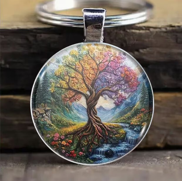 Cross-Border New Product Accessories: Tree of Life Oil Painting Round Glass Keychain Pendant, European and American Car Backpack Decorations
