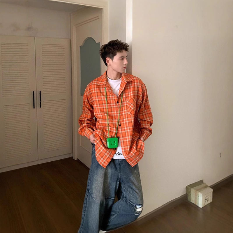 Vintage Orange Plaid Long-sleeved Shirt Men's Autumn Loose Mid-length Casual Sunscreen Shirt Top Jacket for Hair