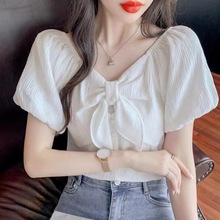 洋气雪纺泡泡袖衬衫上衣女2024夏季新款设计感小众蝴蝶结别致衬衣