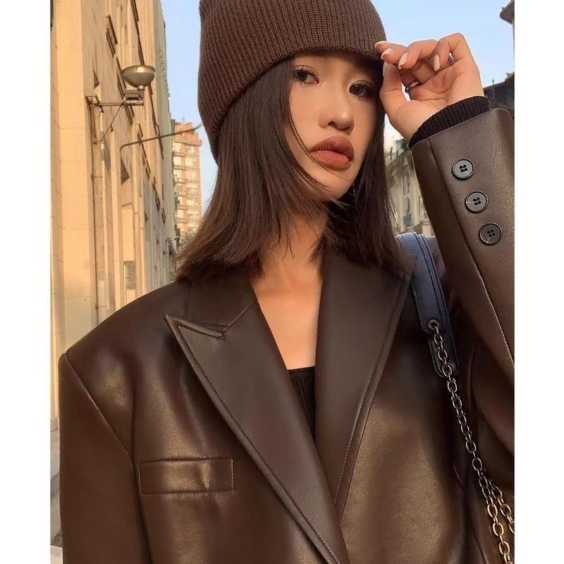 春秋小西装外套女皮衣秋冬季女装冬天外套加厚中长款显瘦机车女款|undefined
