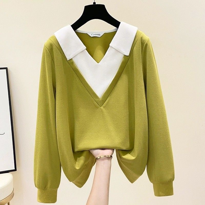 Plus Size Layered Polo Shirt – Slimming Long Sleeve Mock Two-Piece Top For Women (Green/Black, L-4XL, Up To 300lbs)_ecoleips.com