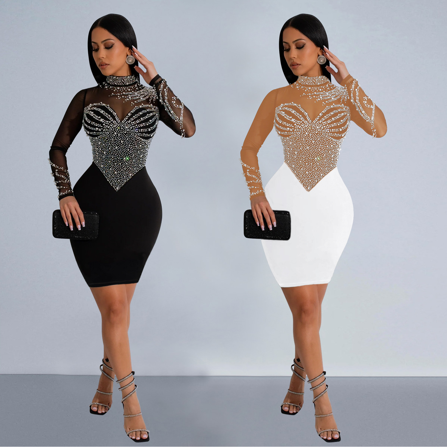 C6915 Aliexpress transfronterizo Amazon Europa y América de moda de mujer de color sólido malla de diamante vestido corto de mangas largas image 1