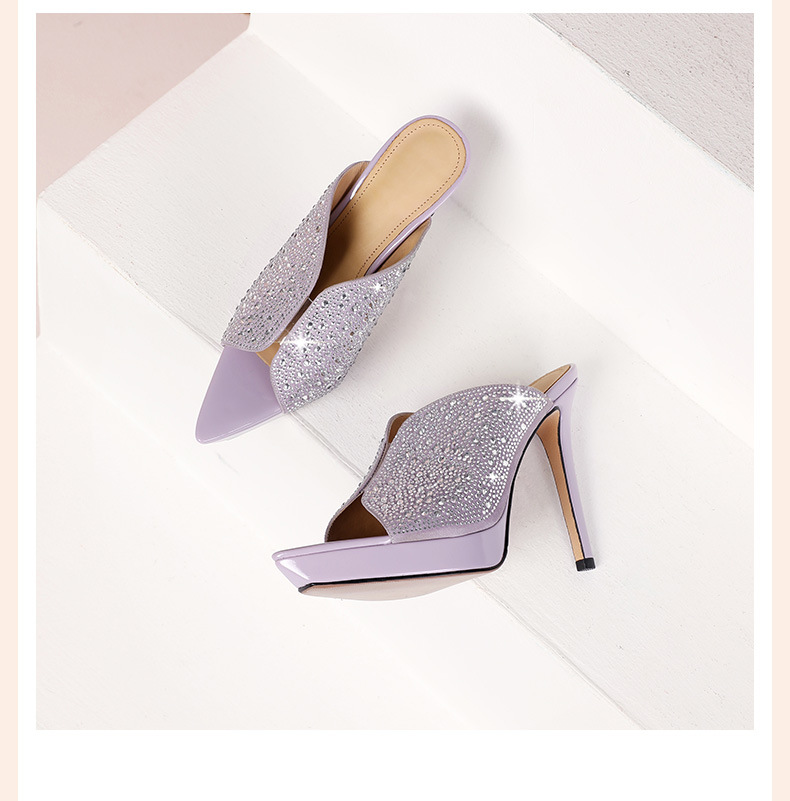 Sandal cao gót nữ mũi nhọn hở mũi đính đá, quai ngang, đế platform, gót 9 cm — Màu đen da cừu lộn chi tiết 5