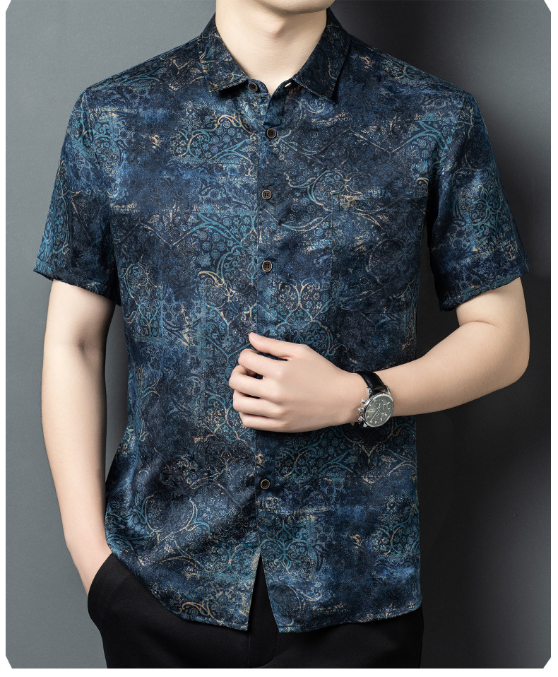 Áo sơ mi nam ngắn tay lụa Tang Silk phong cách Trung Hoa họa tiết vân sa — Xanh da trời26651 chi tiết 11