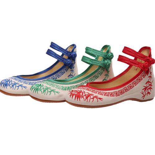Blue and white porcelain embroidered cloth shoes, spring and autumn women's shoes, casual double disc buckle, retro shallow mouth