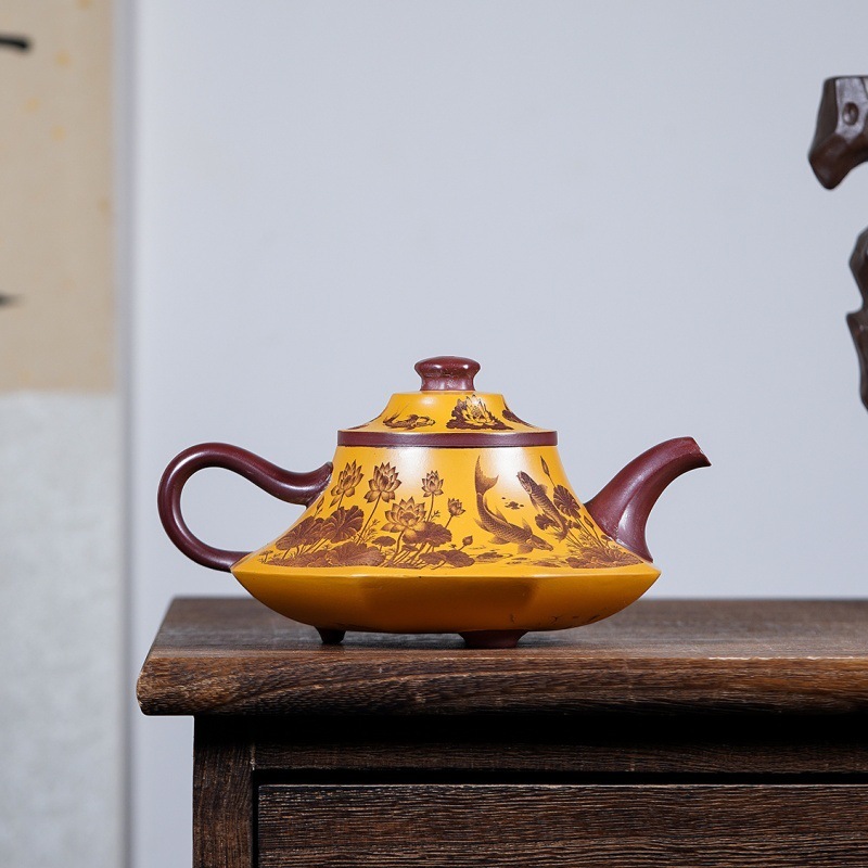 宜兴紫砂壶原矿龙血砂鱼戏莲叶间名家手制茶壶茶具礼品批发代发|undefined