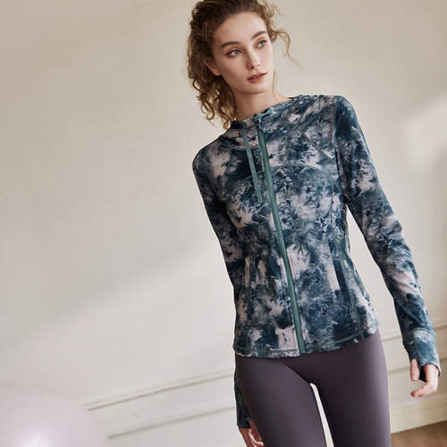 European and American fashion new temperament tie-dye printed hooded yoga jacket women's zipper cardigan sports fitness top