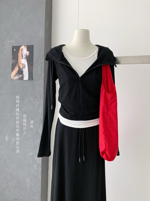 韩系假两件连帽撞色卫衣半身裙套装2025早秋新款简约运动风两件套|undefined