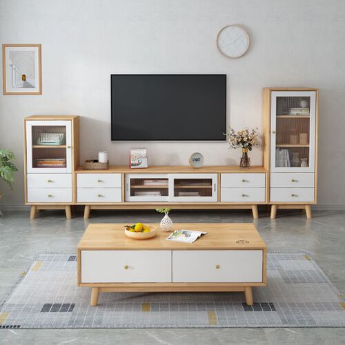 Nordic solid wood coffee table TV cabinet combination simple modern living room small apartment floor cabinet living room home storage cabinet