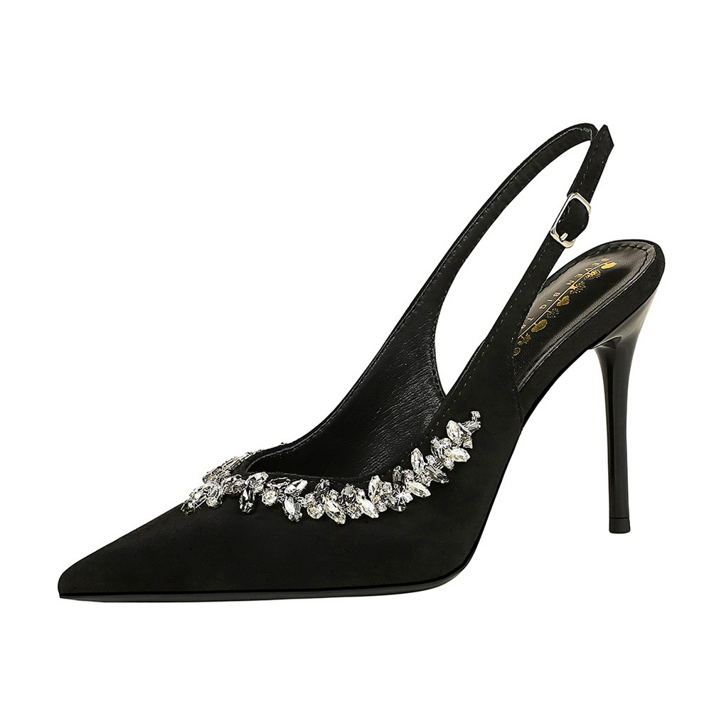 2338-2 European And American Style Party Heels Stiletto Pointed Toe Rhinestone Shallow Suede Backless Back Strap Ultra_vogvips.com