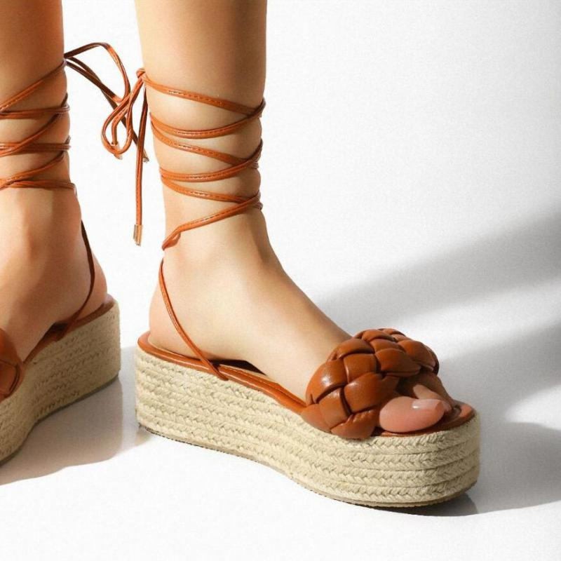 sandalias con cuña de tiras y suela gruesa trenzada de cáñamo NSHYR128816