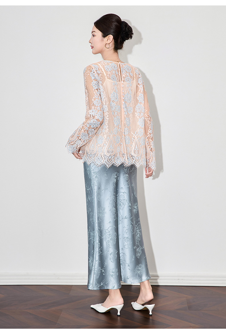 Áo sơ mi ren jacquard phong cách Pháp thanh lịch tay dài — Màu hồng chi tiết 14