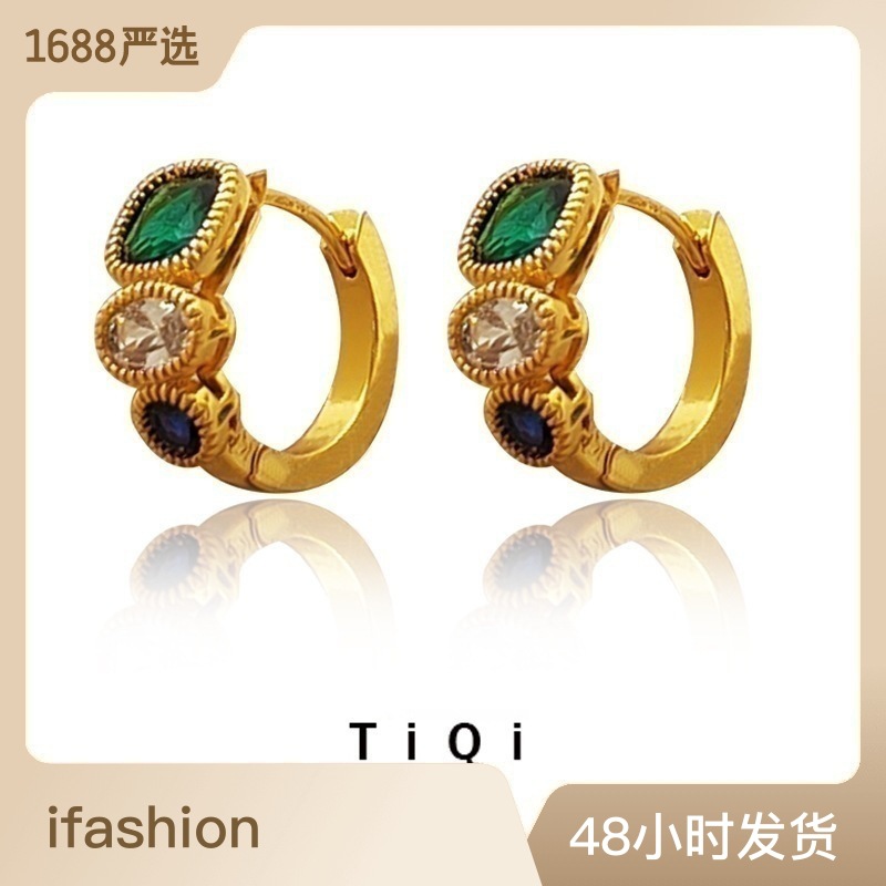 Copper retro geometric green design earrings with zircon