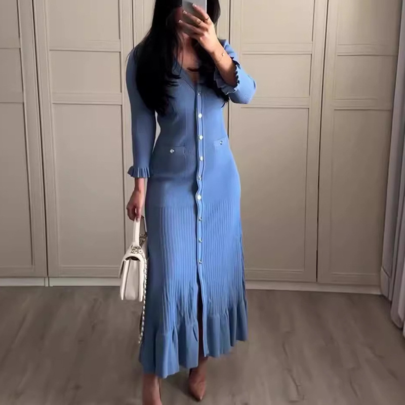 European and American Cross-Border Pure Color Single-Breasted Knitted Dress Waist Slimming Look Fishtail Skirt Fashionable V Neck Three-Quarter Sleeve Sweater