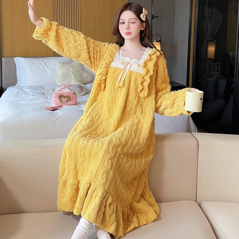 Winter Simple Style Solid Color Coral Fleece Nightgown Women's fleece-lined Thickened Flannel Long-sleeved dress Pajamas Home Clothes