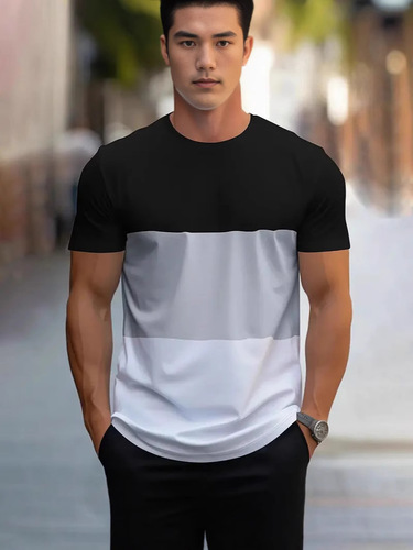 2025 Summer Fashion Patchwork Print Men's Crew Neck Loose Breathable T-Shirt Athletic Fitness Top
