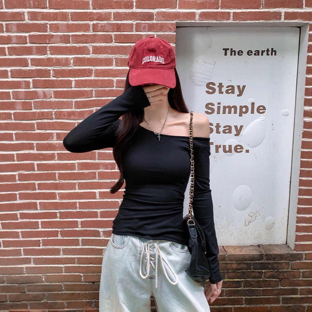 Puramente desear hombro inclinado manga larga principios de otoño 2026 camiseta de otoño nueva delgada gorra gorra camiseta de base mujer image 3