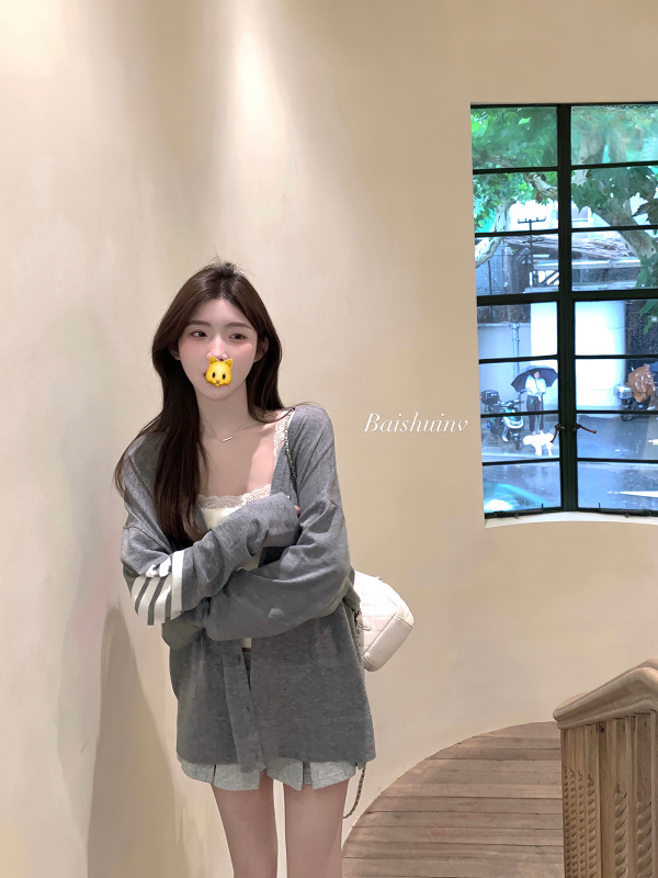 白水女 TB学院风 灰色针织开衫外搭女薄款韩系早秋宽松上衣外套|undefined
