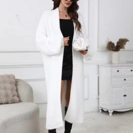 白色长款开衫毛衣女秋冬新款高级感加厚宽松慵懒风针织衫外套大衣