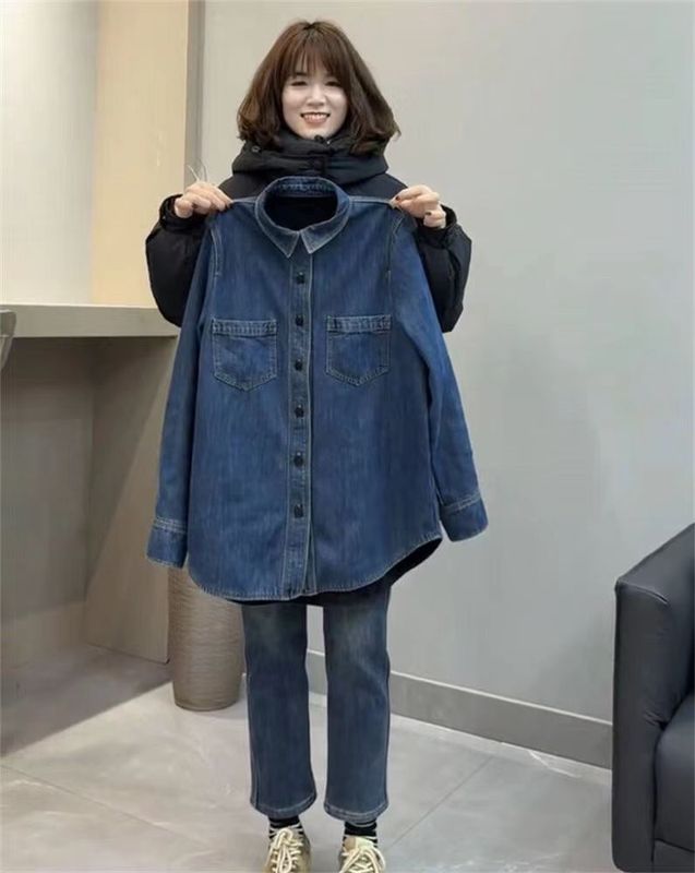复古水洗牛仔衬衫女秋冬季复古港风轻奢加厚叠穿打底内搭衬衣上衣|undefined