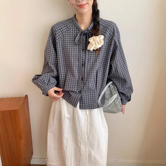 琪镌绘制慵懒风格子条纹长袖衬衫女秋季新款显瘦单排扣休闲上衣潮