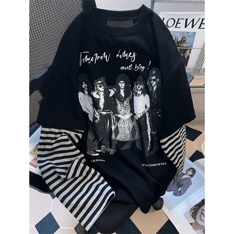LPLN faux two-piece striped long-sleeve T-shirt, unisex, American retro hip-hop rock band print, streetwear style LPLN faux two-piece striped long-sleeve T-shirt, unisex, American retro hip-hop rock band print, streetwear style