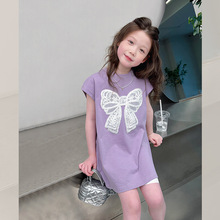 纯棉女童中长款短袖t恤儿童洋气连衣裙子大童装上衣2025夏装新款