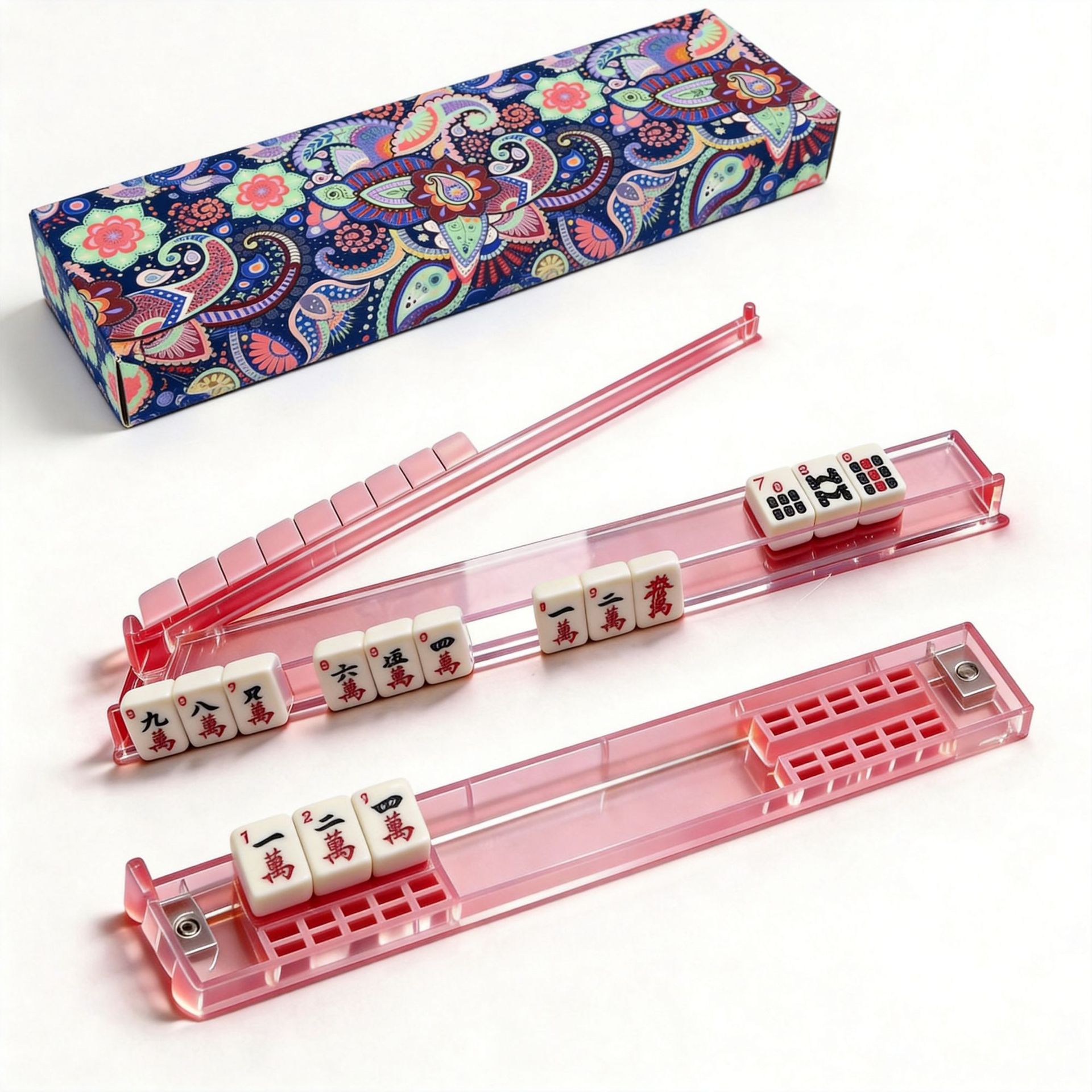 Cross-border Amazon Cashew Flower Tortoiseshell Pusher and Mahjong Ruler 2-in-1 Four-Color Transparent Card Organizer Mahjong Ruler
