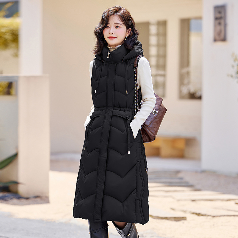 Otoño y invierno 2025 nuevo chaleco de algodón de pluma para mujeres medianas y largas delgadas cintura delgada de moda de algodón abrazadera de hombro chaqueta