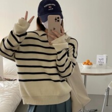 复古撞色条纹长袖毛衣女2023秋季新款POLO领宽松慵懒风学生针织衫