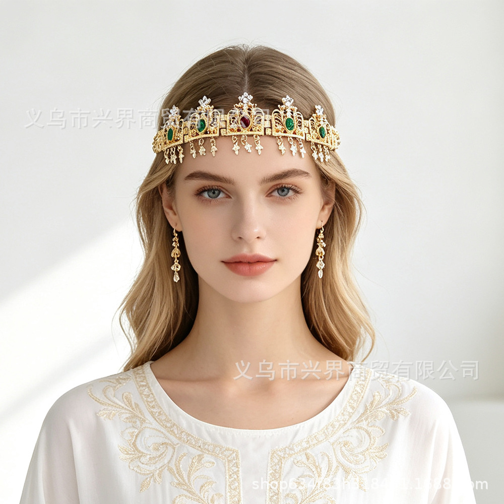 Cross-border Arab Moroccan women's forehead chain, gold-plated and diamond-studded classic headpiece, Middle Eastern wedding bridal head chain