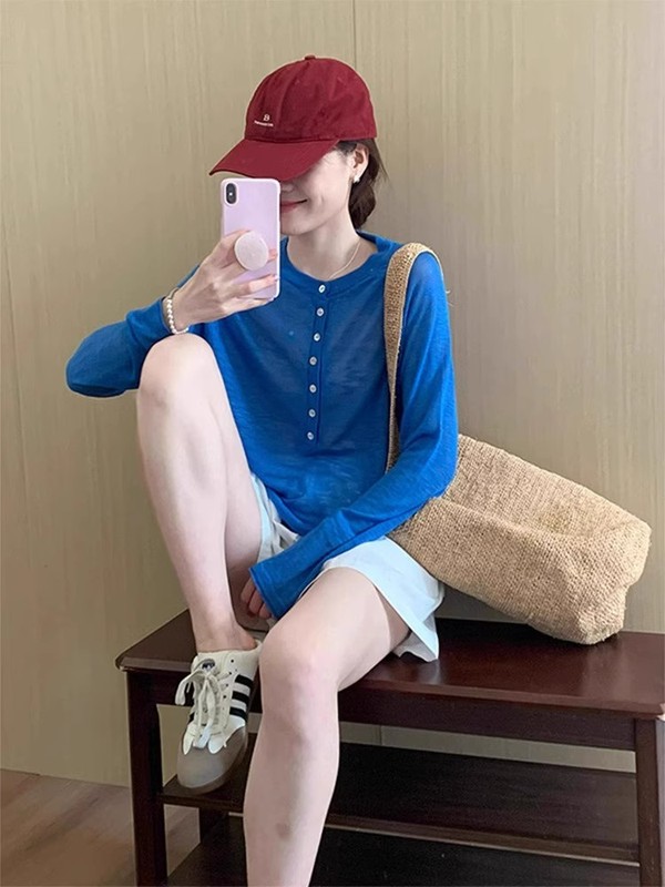 クラインブルーチュール日焼け止めブラウス女性の夏薄い小さなアイスシルク長袖Tシャツアウタートップ|undefined