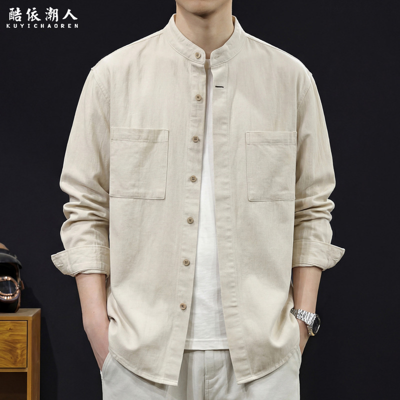American Retro Washed Stand-Up Collar Long-Sleeved Shirt Men's Jacket 2026 New Spring Casual Loose Large Size Shirt