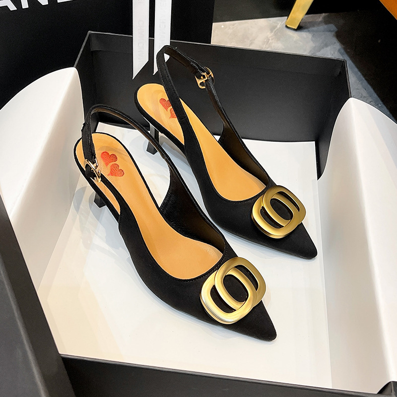 Copper Buckle High-Heeled Open-Back Women's Shoes, Shallow Mouth Stiletto Heels, Women's Shoes, 2026 Spring/Summer Fashion, Closed-Toe Hollow-Out Black Sandals for Women