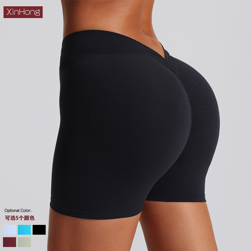Transfronterizo abrasivo V cintura pliegue de color sólido mel桃 camisa pantalones cortos deportivos para correr fitness tight panty para mujeres